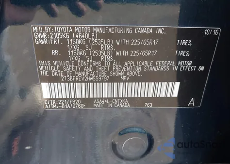 2017 Toyota Rav4 Le из США, поврежденный, VIN 2T3BFREV2HW559797